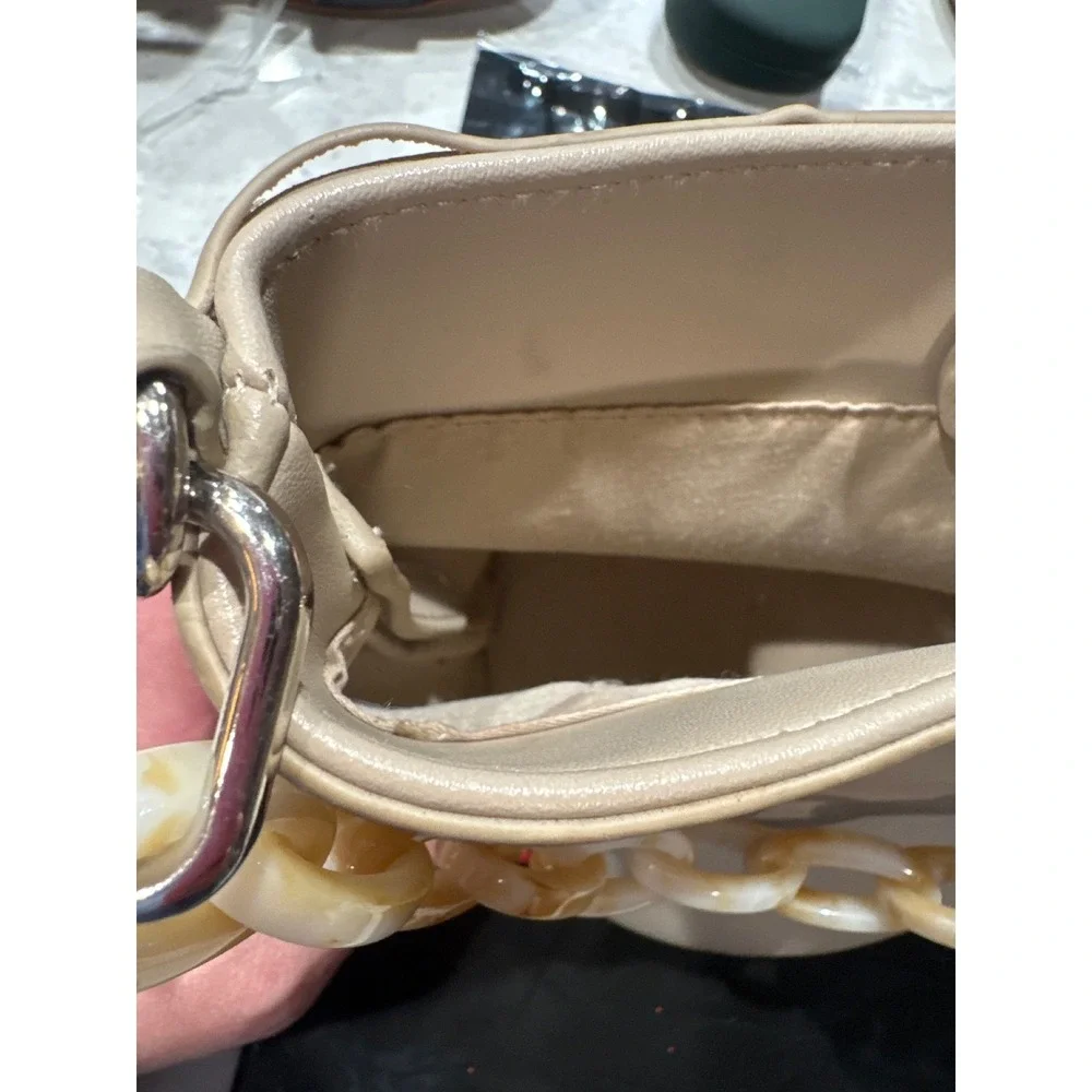 Melie Bianco Beige Vegan‎ Leather Bucket Bag Chunky Resin Chain Handle Taupe